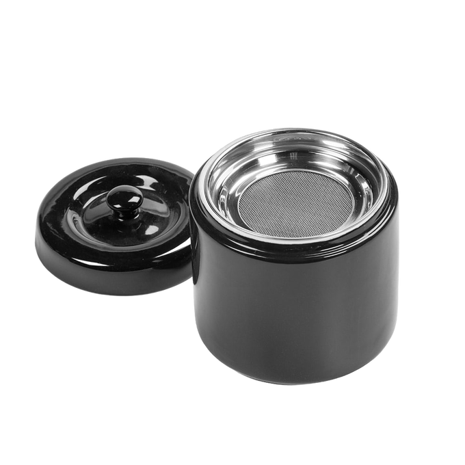 Glossy black stoneware container with matching lid removed, featuring a fine stainless steel mesh strainer inside, designed for storing grease in Kitchen & Food and Kitchen Gadgets collections.