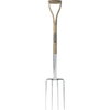 Traditional digging fork with handcrafted mirror-polished stainless steel head and weatherproof hardwood handle, ideal for heavy soil breaking in farm, garden, and lawncare tasks.