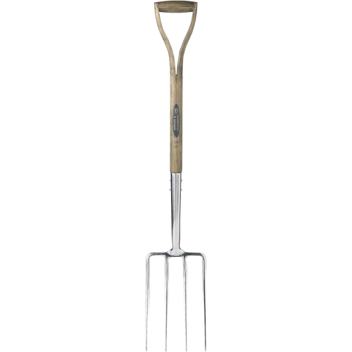 Traditional digging fork with handcrafted mirror-polished stainless steel head and weatherproof hardwood handle, ideal for heavy soil breaking in farm, garden, and lawncare tasks.