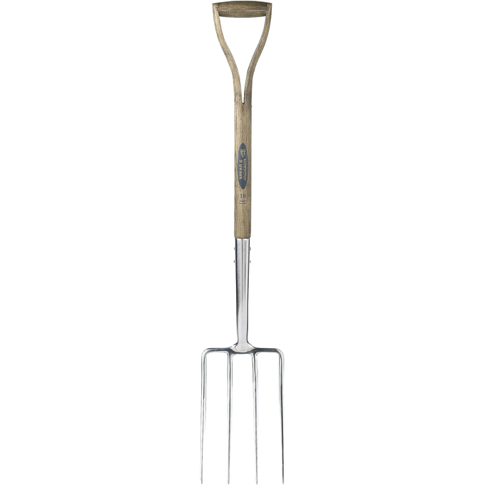 Traditional digging fork with handcrafted mirror-polished stainless steel head and weatherproof hardwood handle, ideal for heavy soil breaking in farm, garden, and lawncare tasks.