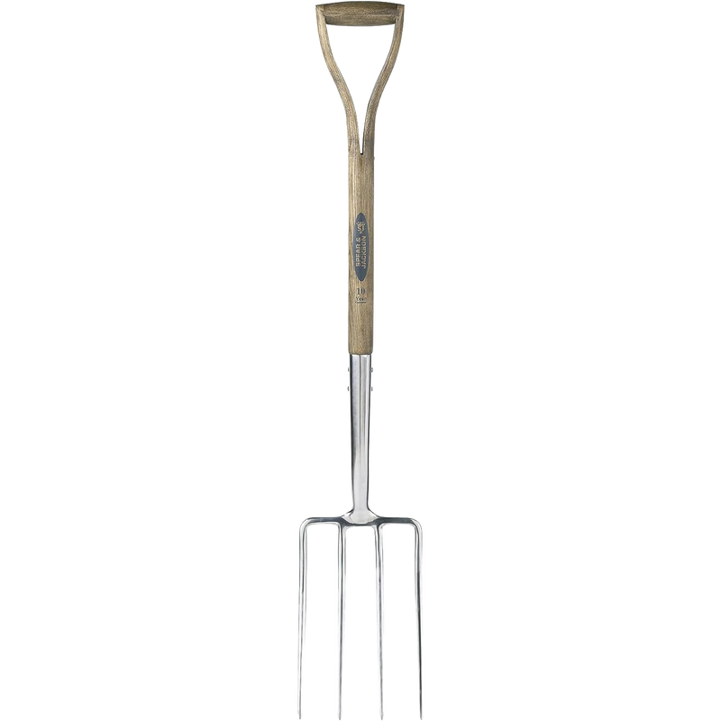 Traditional digging fork with handcrafted mirror-polished stainless steel head and weatherproof hardwood handle, ideal for heavy soil breaking in farm, garden, and lawncare tasks.