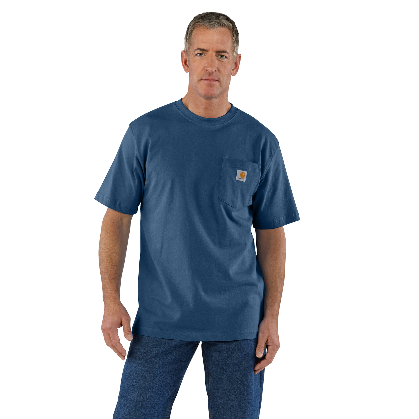 Man wearing a heavyweight cotton short-sleeve pocket t-shirt in deep blue with rib-knit crewneck and loose fit, styled casually with blue jeans, featured in Clothing and Accessories and Best Sellers collections.