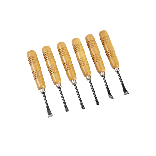 Set of six handcrafted wood carving tools with high carbon steel blades and smooth wooden handles, ideal for Farm, Garden & Tool, Hand Tools and Hardware, and Carving Knives collections.