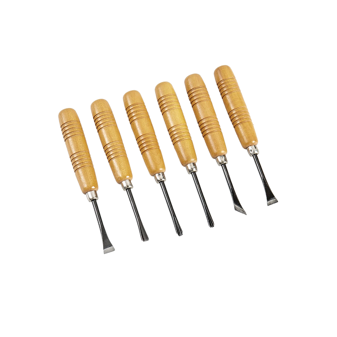 Set of six handcrafted wood carving tools with high carbon steel blades and smooth wooden handles, ideal for Farm, Garden & Tool, Hand Tools and Hardware, and Carving Knives collections.