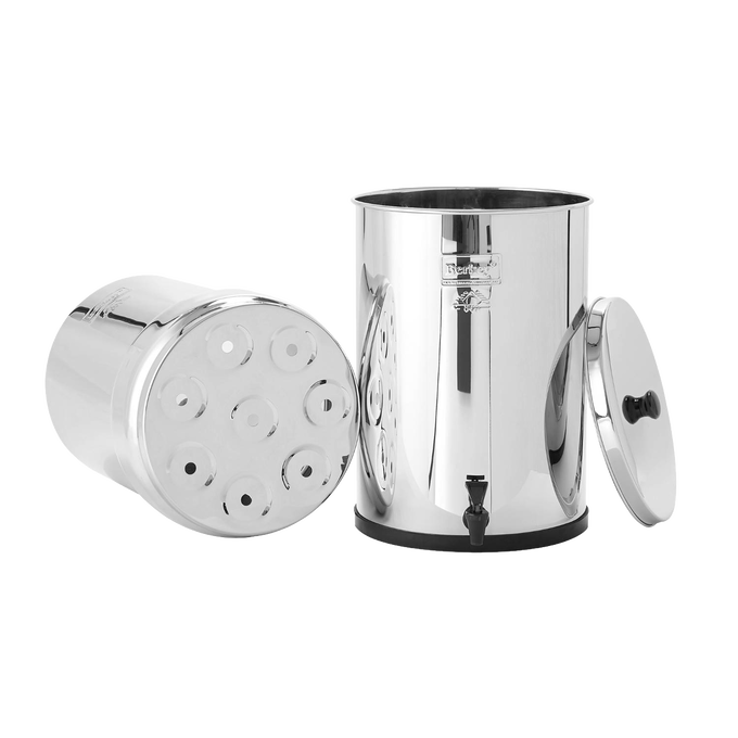 Large polished AISI 304 stainless steel water filtration system with six Black Berkey elements, spigot, and removable lid, designed for high-capacity purification in appliances, emergency supplies, water treatment, and best sellers collections.