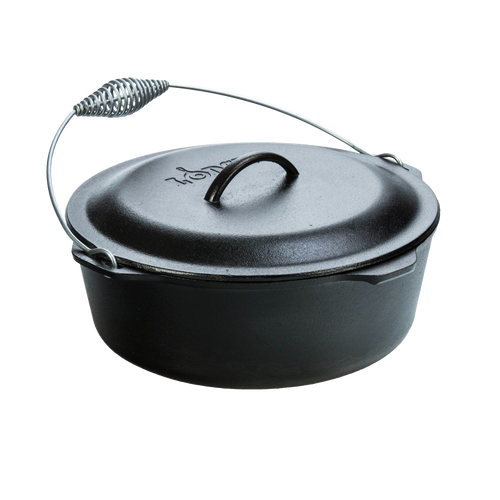 Pre-seasoned cast iron Dutch oven with spiral bail handle and tight-fitting lid, handcrafted in USA, featured in Kitchen & Food, Cookware, Cast Iron, Best Sellers, and Promo Eligible collections.