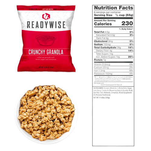 Single-serving packet of crunchy granola with brown sugar and cinnamon flavor, shown with a bowl of granola and a clear nutrition facts label, ideal for emergency supplies, kitchen, pantry, and food collections.