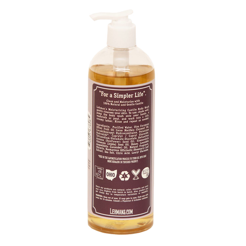 Clear bottle of handcrafted moisturizing body wash with natural liquid soap in amber hue, featuring pump dispenser and detailed ingredient label, made in USA, part of grooming and health collections.