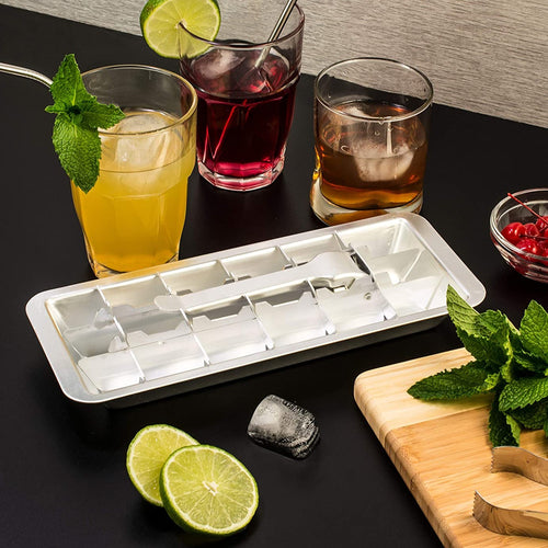 Aluminum vintage-style ice cube tray with removable divider and lift handle, displayed with iced drinks, lime slices, and fresh mint, ideal for Farm, Garden & Tool and Kitchen Gadgets collections.