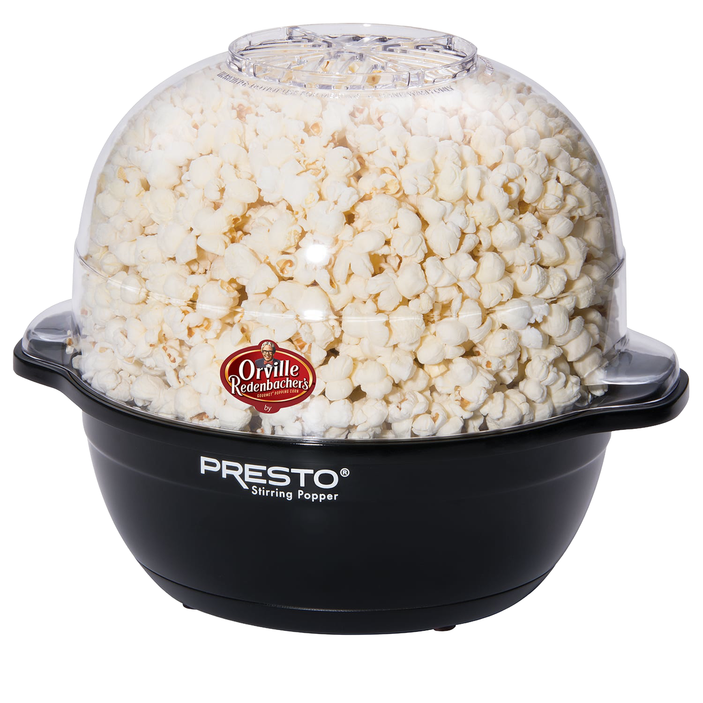 Black electric popcorn popper with clear dome lid filled with freshly popped popcorn, featuring motorized stirring for even popping, ideal for Kitchen & Food and Popcorn collections.