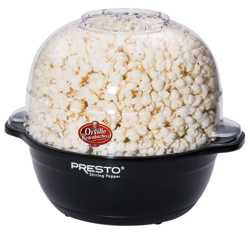 Black electric popcorn popper with clear dome lid filled with freshly popped popcorn, featuring motorized stirring for even popping, ideal for Kitchen & Food and Popcorn collections.