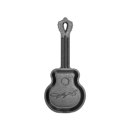 Cast iron mini skillet shaped like a guitar with embossed signature detail, handcrafted in USA, ideal for Kitchen & Food, Cookware, Cast Iron, and Best Sellers collections.