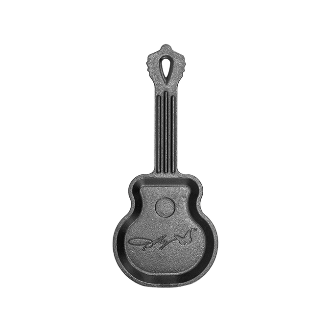 Cast iron mini skillet shaped like a guitar with embossed signature detail, handcrafted in USA, ideal for Kitchen & Food, Cookware, Cast Iron, and Best Sellers collections.