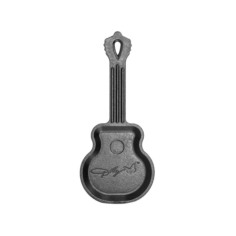 Cast iron mini skillet shaped like a guitar with embossed signature detail, handcrafted in USA, ideal for Kitchen & Food, Cookware, Cast Iron, and Best Sellers collections.