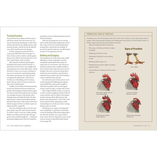 Open pages of a handcrafted paperback book showing detailed text and full-color illustrations on frostbite in chickens, part of Farm, Garden & Tool, Books, Farm and Livestock Books, and Home and Garden How-To collections.