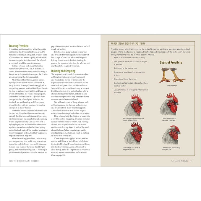Open pages of a handcrafted paperback book showing detailed text and full-color illustrations on frostbite in chickens, part of Farm, Garden & Tool, Books, Farm and Livestock Books, and Home and Garden How-To collections.