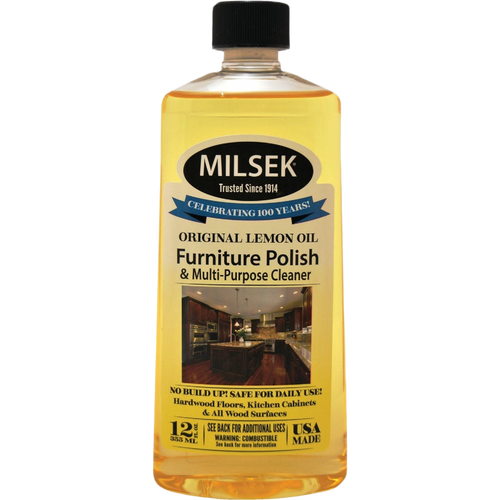 Clear plastic bottle of handcrafted lemon oil furniture polish and multi-purpose cleaner with black cap and vintage label, ideal for Home & Decor, Household Cleaning, Cleaners and Polishes, USA Made, and Best Sellers collections.