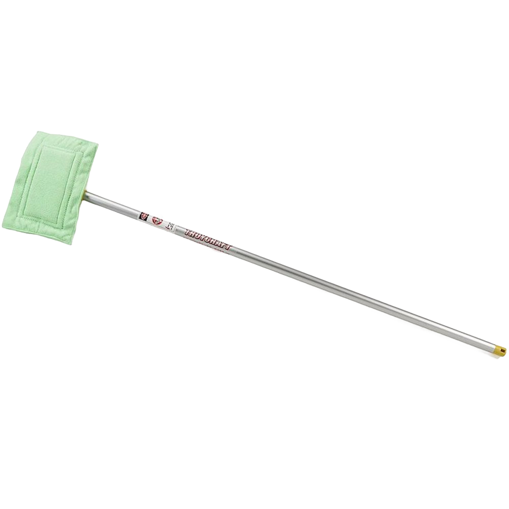Handcrafted Amish-made wall mop with a long extendable metal handle and a soft green washable flat mop head, designed for easy household cleaning in USA Made collections.