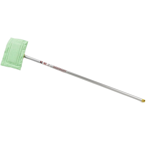 Handcrafted Amish-made wall mop with a long extendable metal handle and a soft green washable flat mop head, designed for easy household cleaning in USA Made collections.