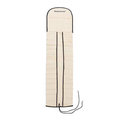 Heavy-duty natural canvas carving tool roll with reinforced edges and 29 slots, featuring a protective flap and tie closure, designed for tool organization in farm, garden, and homesteading use.