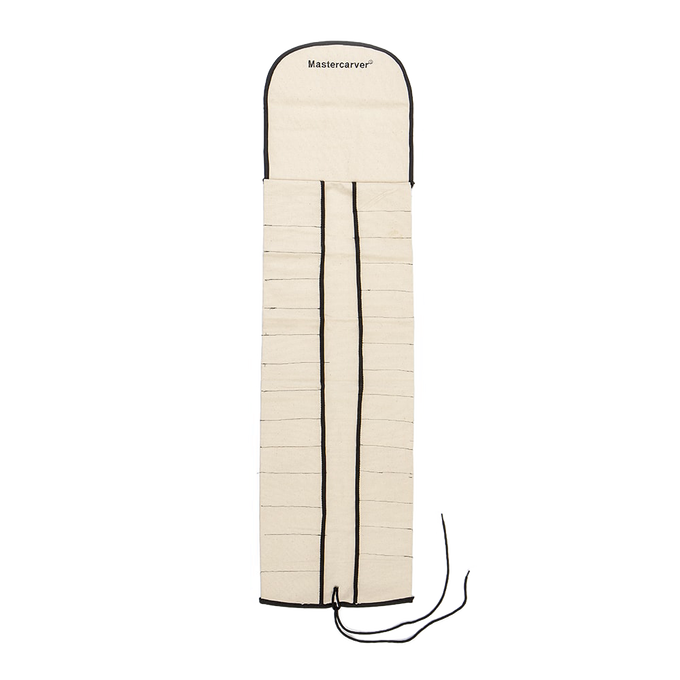 Heavy-duty natural canvas carving tool roll with reinforced edges and 29 slots, featuring a protective flap and tie closure, designed for tool organization in farm, garden, and homesteading use.