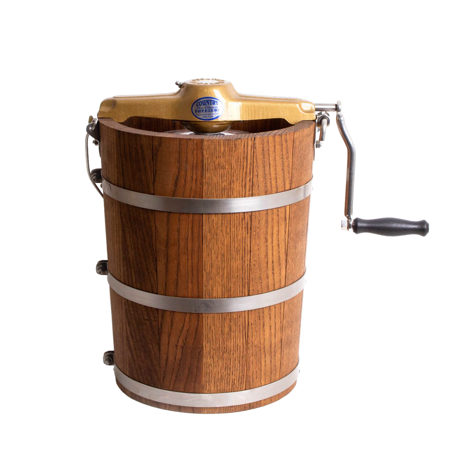 Handcrafted Amish-made wooden ice cream freezer with durable metal bands and a smooth hand crank, perfect for Kitchen & Food, Specialty Equipment, Making Ice Cream, and USA Made collections.