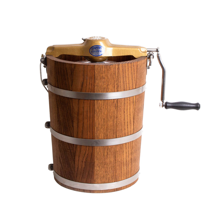 Handcrafted Amish-made wooden ice cream freezer with durable metal bands and a smooth hand crank, perfect for Kitchen & Food, Specialty Equipment, Making Ice Cream, and USA Made collections.