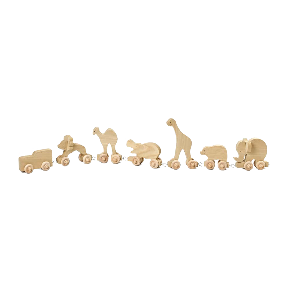 Handcrafted wooden animal train featuring smooth unfinished poplar animals on wheels, designed for indoor play, made in USA by Amish woodworkers, part of children’s toys and wooden toys collections.