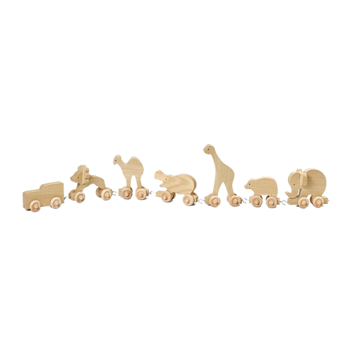 Handcrafted wooden animal train featuring smooth unfinished poplar animals on wheels, designed for indoor play, made in USA by Amish woodworkers, part of children’s toys and wooden toys collections.