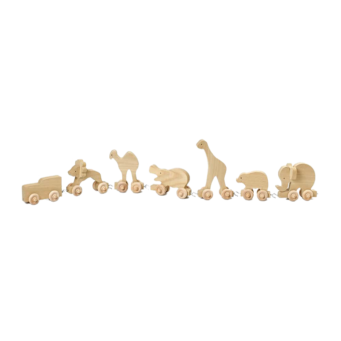 Handcrafted wooden animal train featuring smooth unfinished poplar animals on wheels, designed for indoor play, made in USA by Amish woodworkers, part of children’s toys and wooden toys collections.