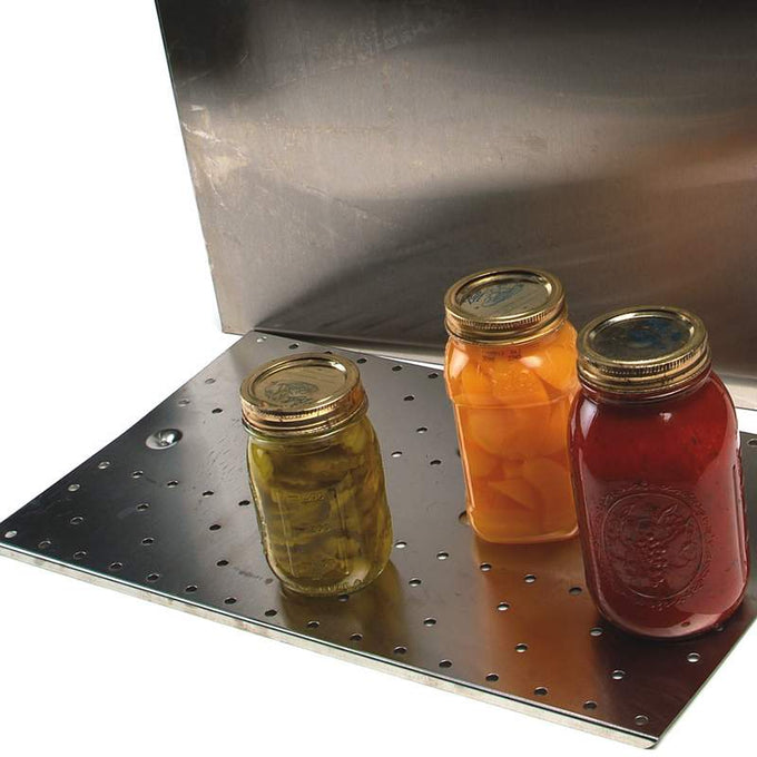 Sturdy metal replacement shelf with perforations for secure jar placement and even heating inside an Amish-made stovetop canner, ideal for Kitchen & Food, Food Preservation, and Canning collections.