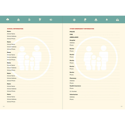 Open spread of an emergency planning logbook with sections for recording school contact details and various emergency services information, part of emergency supplies and home and garden how-to books collections.