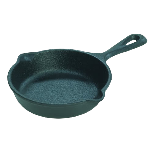 Small pre-seasoned cast iron mini skillet with dual pouring spouts and elongated handle, suitable for Kitchen & Food, Cookware, Cast Iron, and Kitchen Gadgets collections.