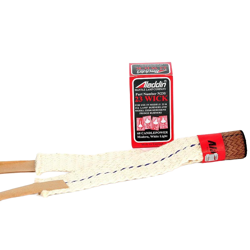 Replacement oil lamp wick with wooden supports and a red metal collar, shown alongside its red packaging, designed for use in lamps, parts and accessories, and wicks and mantles collections.