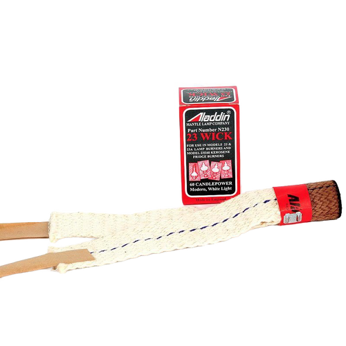 Replacement oil lamp wick with wooden supports and a red metal collar, shown alongside its red packaging, designed for use in lamps, parts and accessories, and wicks and mantles collections.