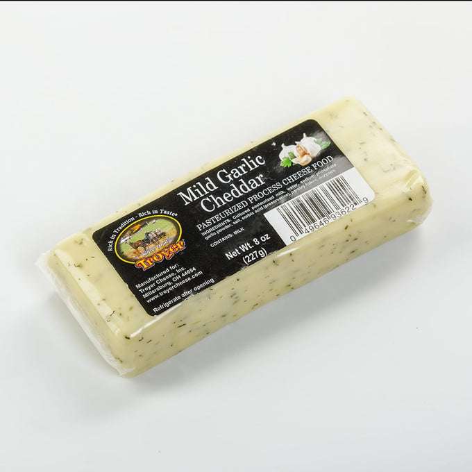 Handcrafted mild garlic cheddar pasteurized cheese food block with herb flecks, 8 ounces, shelf stable, made in USA, perfect for Kitchen & Food, Snacks and Sweets, Pantry, USA Made, Best Sellers, Promo Eligible collections.