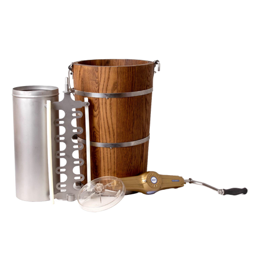 Handcrafted wooden ice cream freezer with metal bands, stainless steel inner canister, electric motor, and clear plastic lid, part of Kitchen & Food, Specialty Equipment, Making Ice Cream, USA Made, and Best Sellers collections.