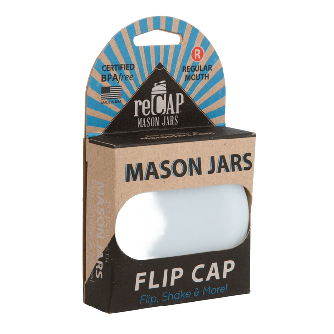 Packaging of a handcrafted reCAP Mason Jar FLIP Top Lid for regular mouth jars, made in USA, BPA free, ideal for Home & Decor, Kitchen Gadgets, Household Helpers, and Storage and Serving collections.