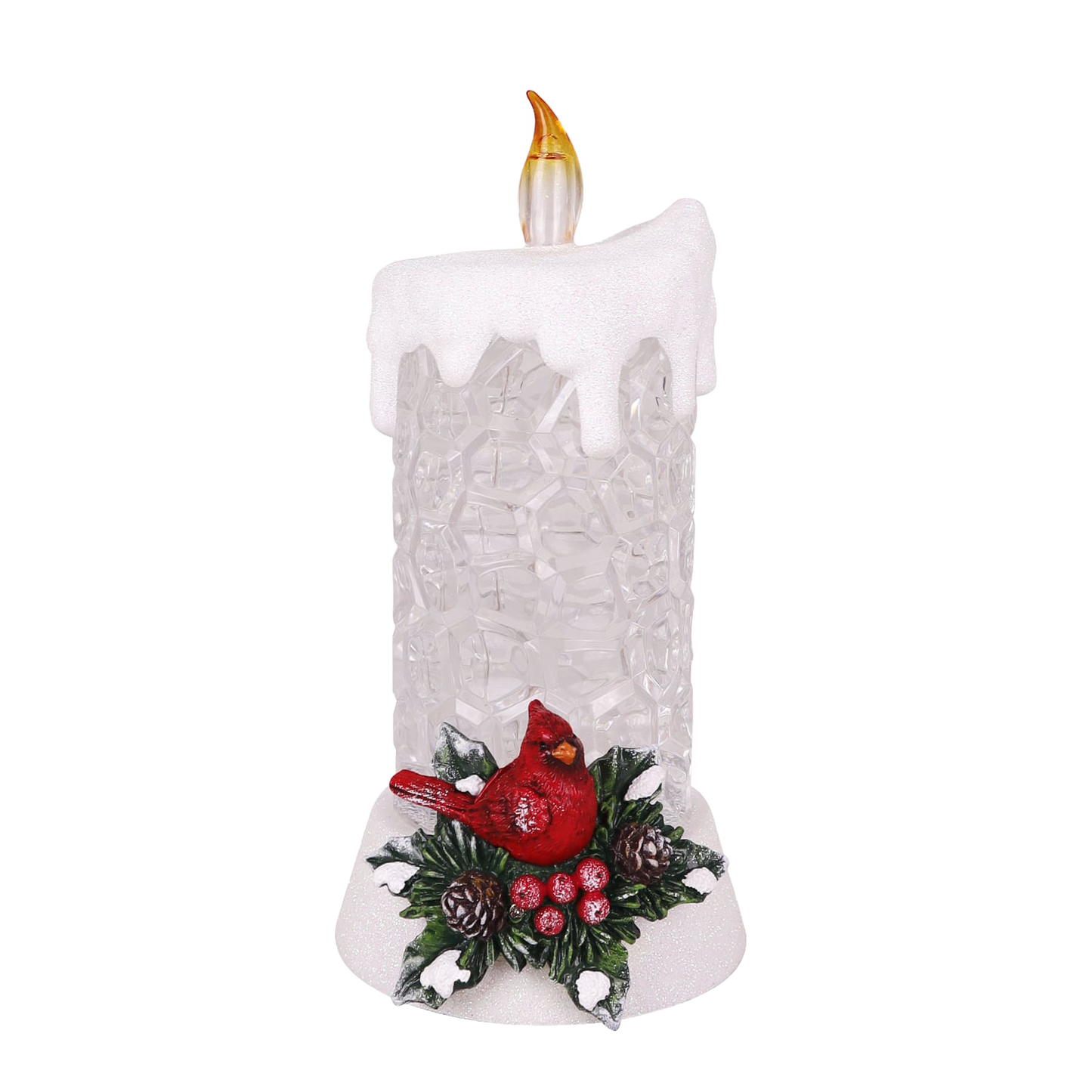 Handcrafted lighted decorative candle with glittering body, topped with a glowing flame and adorned with a red cardinal, holly leaves, and pinecones, perfect for Home & Decor, Holiday Decor, Best Sellers, and Promo Eligible collections.