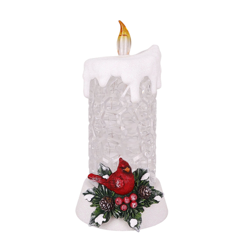 Handcrafted lighted decorative candle with glittering body, topped with a glowing flame and adorned with a red cardinal, holly leaves, and pinecones, perfect for Home & Decor, Holiday Decor, Best Sellers, and Promo Eligible collections.