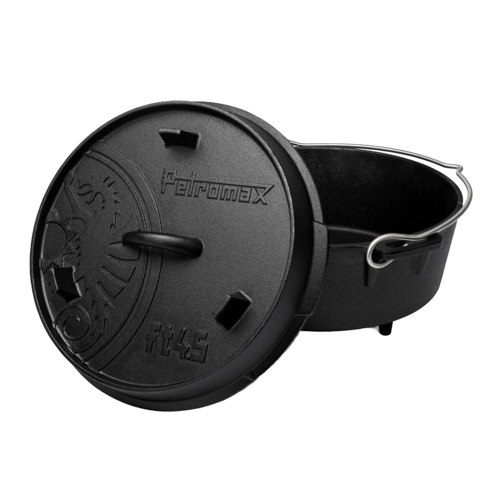 Black cast iron Dutch oven with three legs and a detachable embossed lid featuring a decorative logo, equipped with a sturdy wire bail handle for outdoor and kitchen use, ideal for Kitchen & Food, Cookware, Cast Iron, Best Sellers, and Promo Eligible collections.