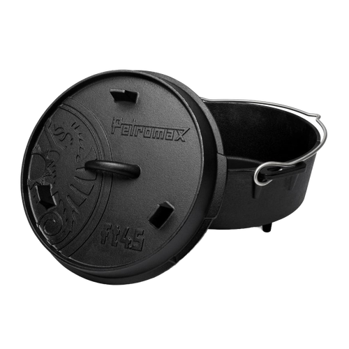 Black cast iron Dutch oven with three legs and a detachable embossed lid featuring a decorative logo, equipped with a sturdy wire bail handle for outdoor and kitchen use, ideal for Kitchen & Food, Cookware, Cast Iron, Best Sellers, and Promo Eligible collections.