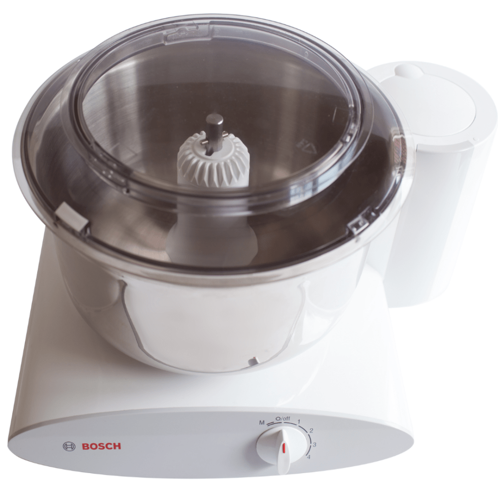 Electric white Bosch kitchen mixer with a stainless steel bowl and transparent splash ring, ideal for baking and cooking, featured in Kitchen Gadgets and Cooking Helpers collections.