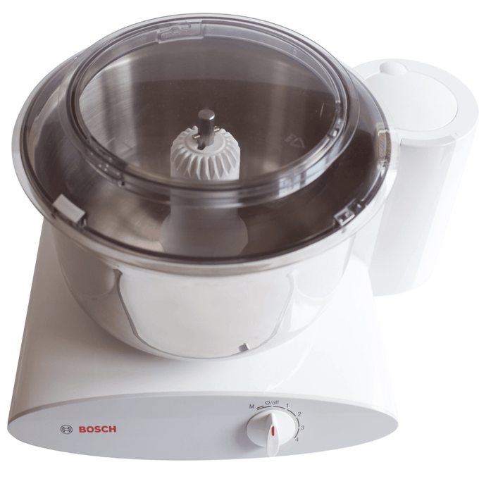Electric white Bosch kitchen mixer with a stainless steel bowl and transparent splash ring, ideal for baking and cooking, featured in Kitchen Gadgets and Cooking Helpers collections.