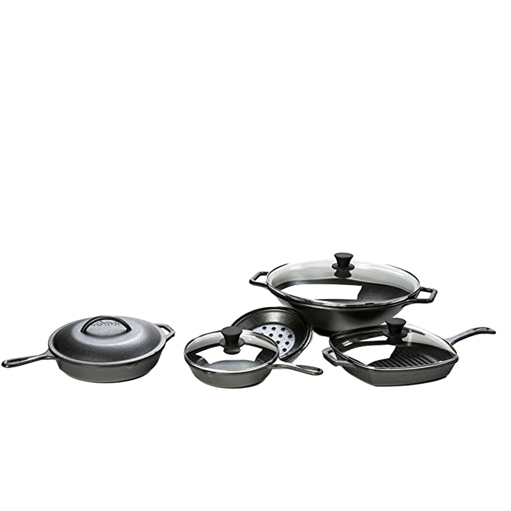 Set of black cast iron skillets and pans featuring round tempered glass lids with black knob handles, part of Kitchen & Food, Cookware, Cast Iron, and Best Sellers collections.