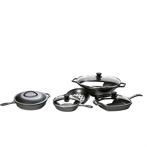 Set of black cast iron skillets and pans featuring round tempered glass lids with black knob handles, part of Kitchen & Food, Cookware, Cast Iron, and Best Sellers collections.