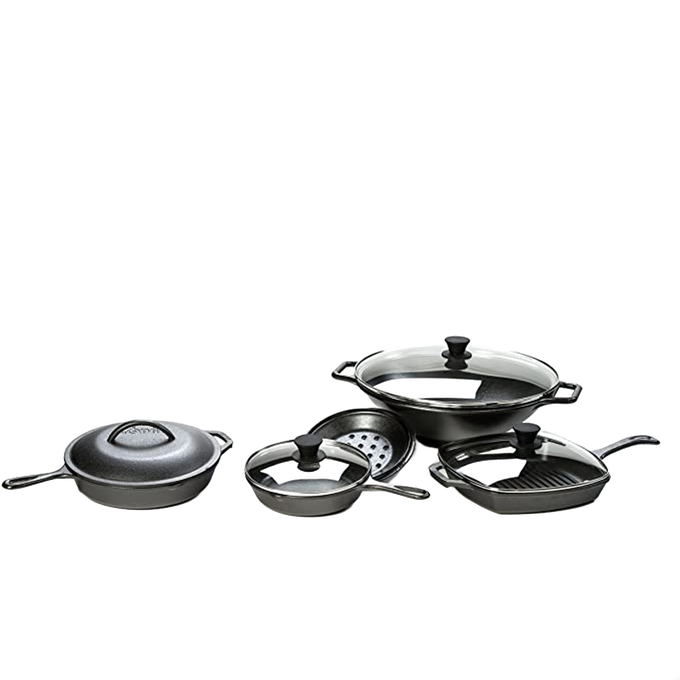 Set of black cast iron skillets and pans featuring round tempered glass lids with black knob handles, part of Kitchen & Food, Cookware, Cast Iron, and Best Sellers collections.