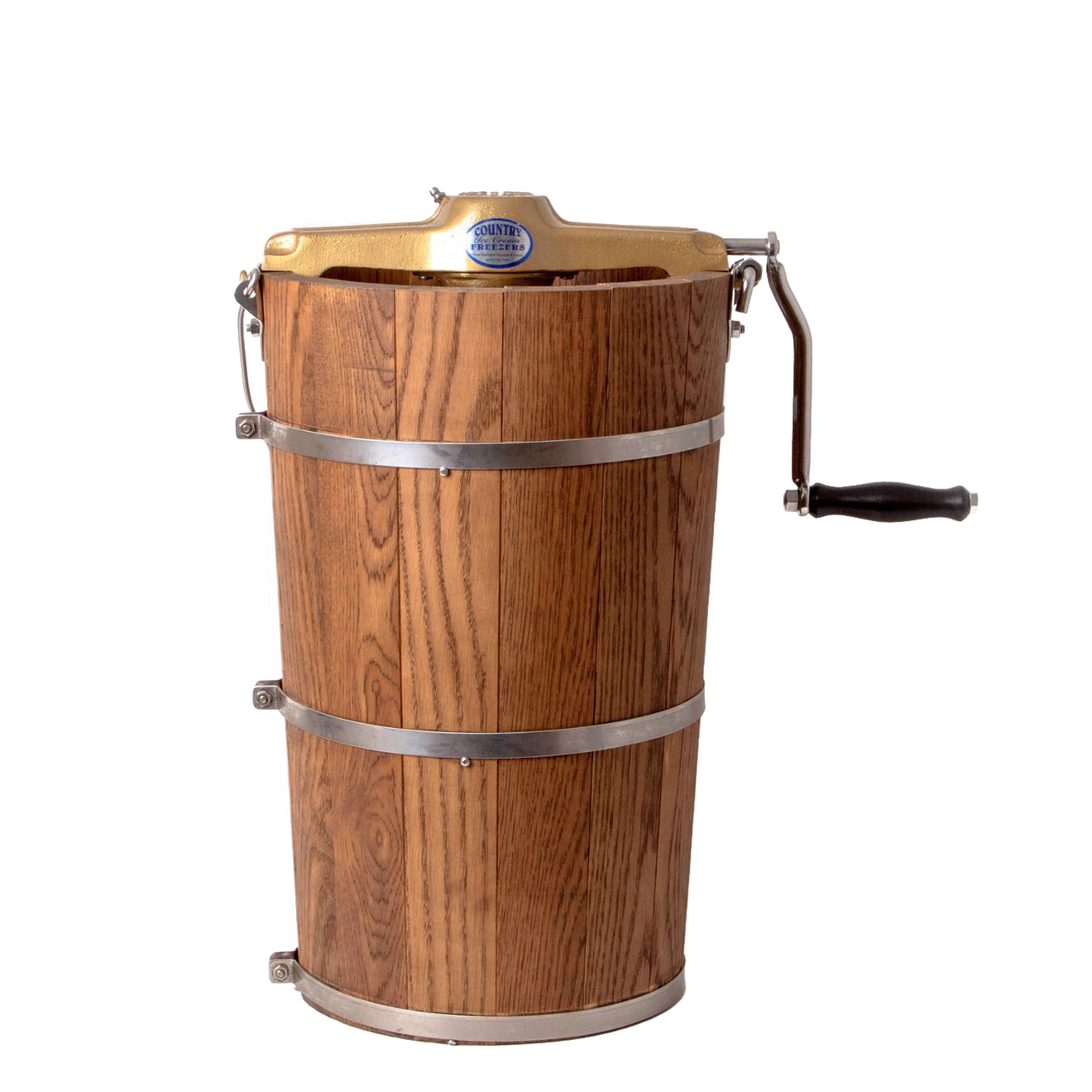 Handcrafted Amish made wooden ice cream freezer with sturdy metal bands and a smooth hand crank, designed for Kitchen & Food, Specialty Equipment, Making Ice Cream, and USA Made collections.