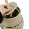 Handcrafted stoneware butter churn with smooth-sanded wooden dasher in natural stone color and blue strip, part of Kitchen & Food, Specialty Equipment, and USA Made collections.