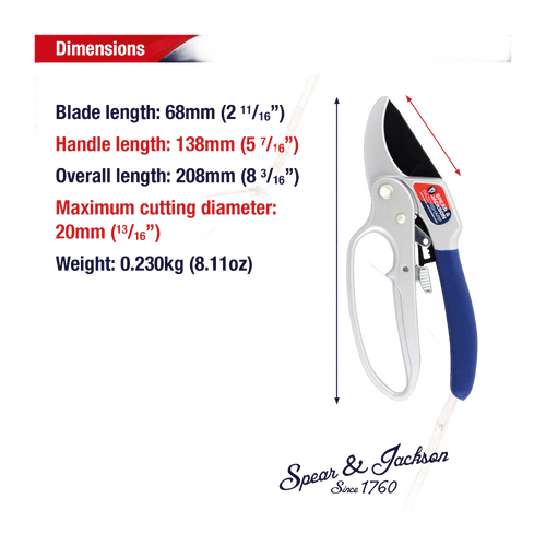 Close-up of handcrafted ratchet anvil pruners with blue cushioned handle and white frame, designed for cutting thicker branches in Farm, Garden & Tool, Garden Accessories, and Lawncare collections.